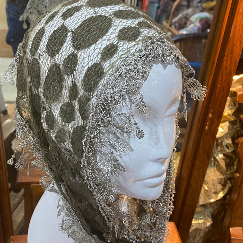 Olive Green Lace Trim Scarf 66 x 10 to 2 inch - Picture 2 of 5